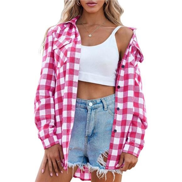 Womens‎ Flannel Shirts Long/Roll Up Sleeve Button Down Plaid Shirt Casual Tops - Picture 1 of 6